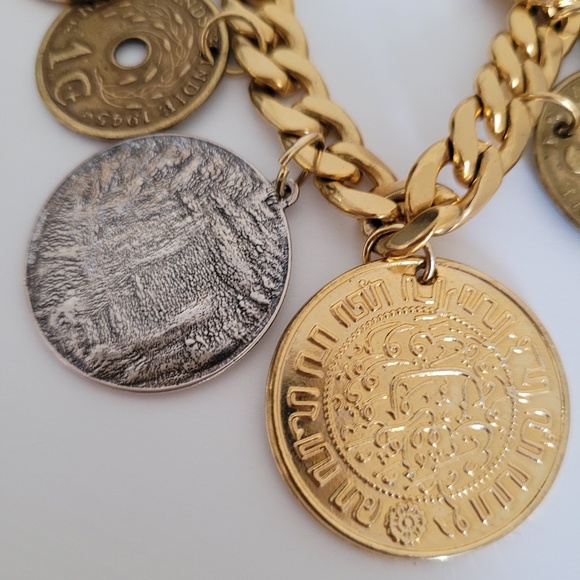 PETER LANG Vintage Statement Necklace Modernist Chunky Chain & Coin Charms . - Picture 2 of 5